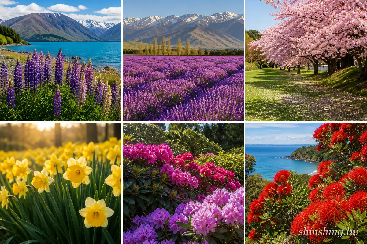 紐西蘭四季花景拼貼：蒂卡波魯冰花、麥肯錫盆地薰衣草田、基督城櫻花、水仙、杜鵑與 Pōhutukawa 紅花