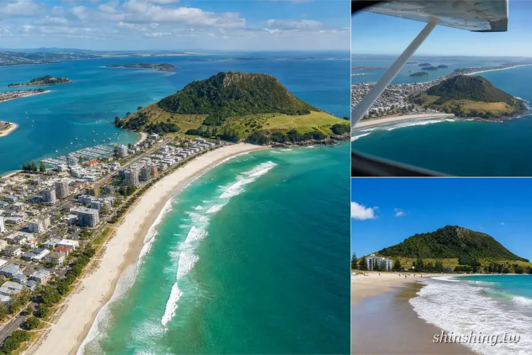 芒格努伊山 Mauao 火山錐與 Main Beach 白沙灘空拍全景
