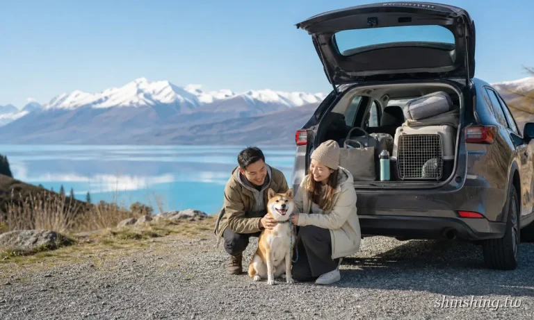 紐西蘭寵物友善攻略封面：飼主與柴犬在湖畔休旅車旁，車上放著運輸籠
