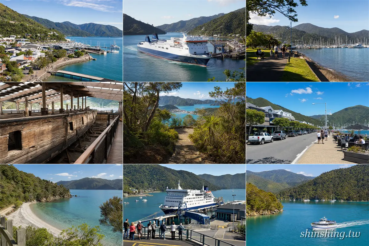 皮克頓港口與 Marlborough Sounds 峽灣，碼頭遊艇停泊區空拍全景