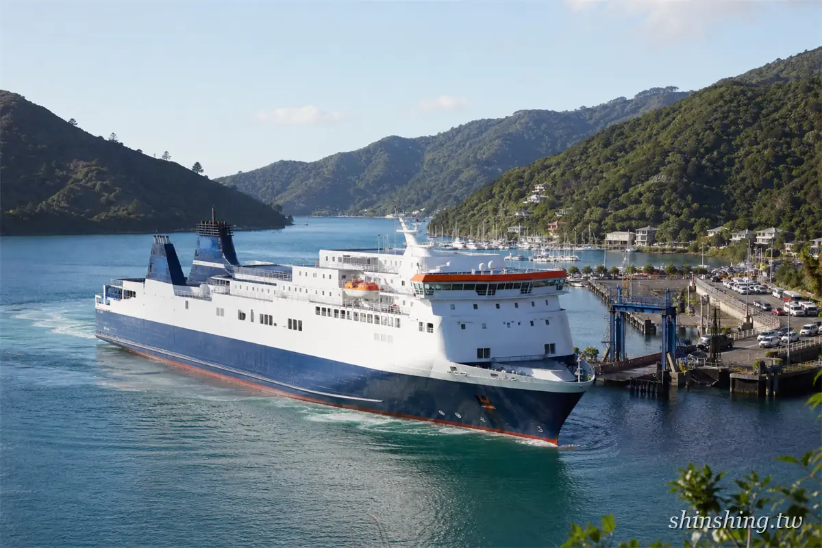 Interislander 渡輪駛入皮克頓港,兩側是 Queen Charlotte Sound 山丘與遊艇碼頭