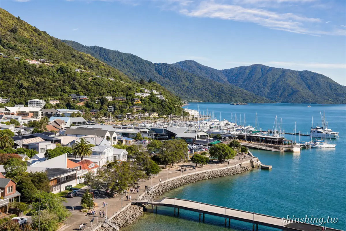 從高處俯瞰皮克頓小鎮、碼頭與 Queen Charlotte Sound 峽灣