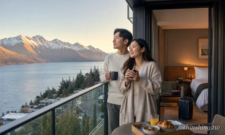 台灣情侶在皇后鎮飯店陽台喝咖啡看湖景與雪山（社群分享圖）