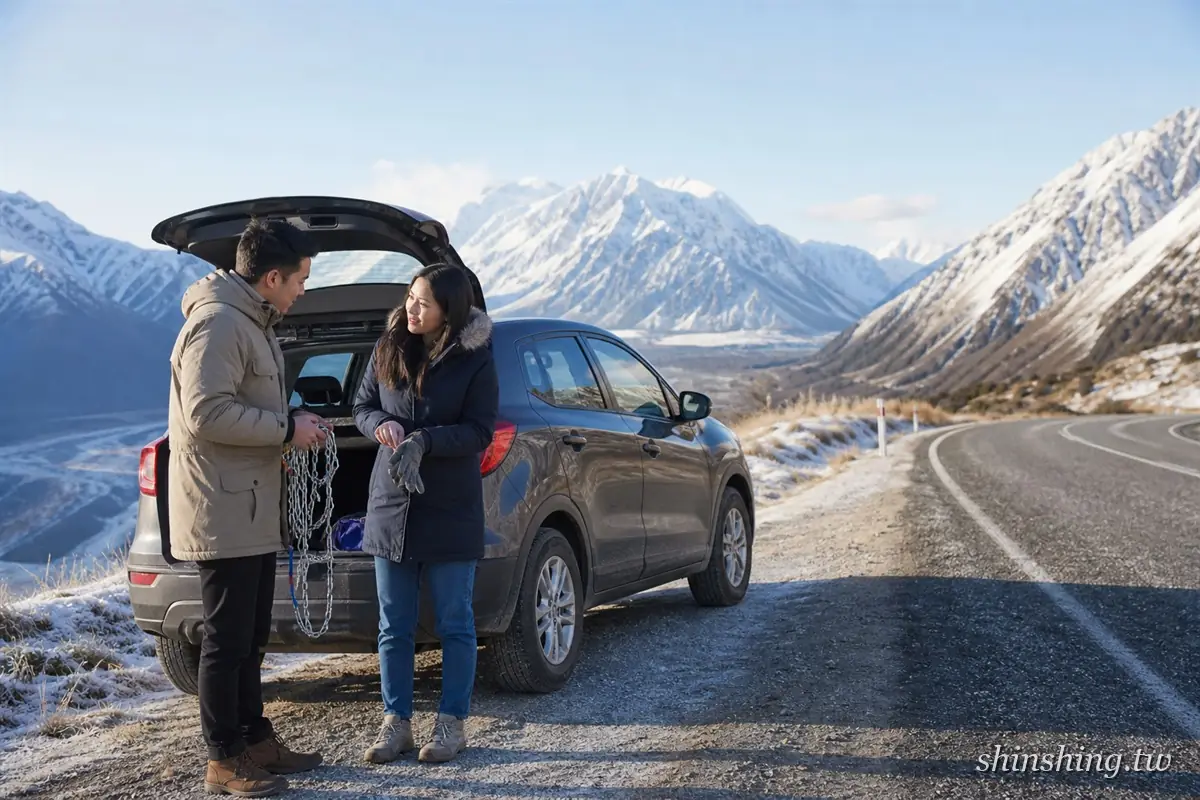 一對旅客在雪山公路旁打開休旅車後車廂取出雪鏈，前方是覆雪的山谷與蜿蜒公路