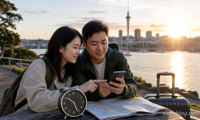 台灣情侶在奧克蘭港邊看手機對時間，桌上有鬧鐘與地圖，背景是天空塔與日落海港（社群分享圖）