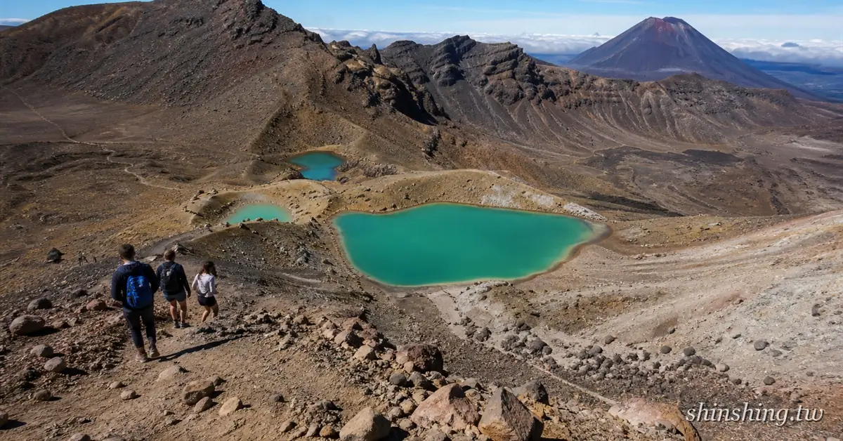 Tongariro Alpine Crossing 完整攻略:DOC 現行標示 20.2 公里、夏季 7-8 小時/冬季 9 小時,免費線上預約(搭接駁或請嚮導為強制)、Park & Ride 單程約 NZD 65、陶波來回 NZD 130 起,含 2025 火災後步道現況與裝備清單。