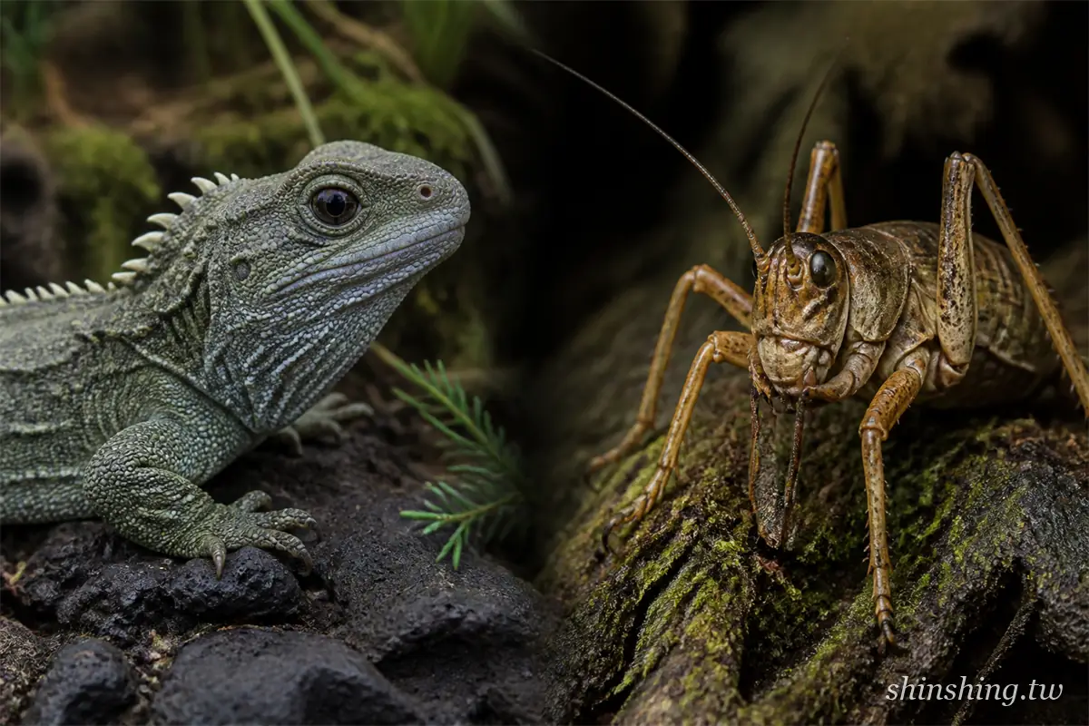 Tuatara 喙頭蜥與巨型 Weta 沙螽的並列特寫,兩者都棲息在苔蘚岩石與朽木上