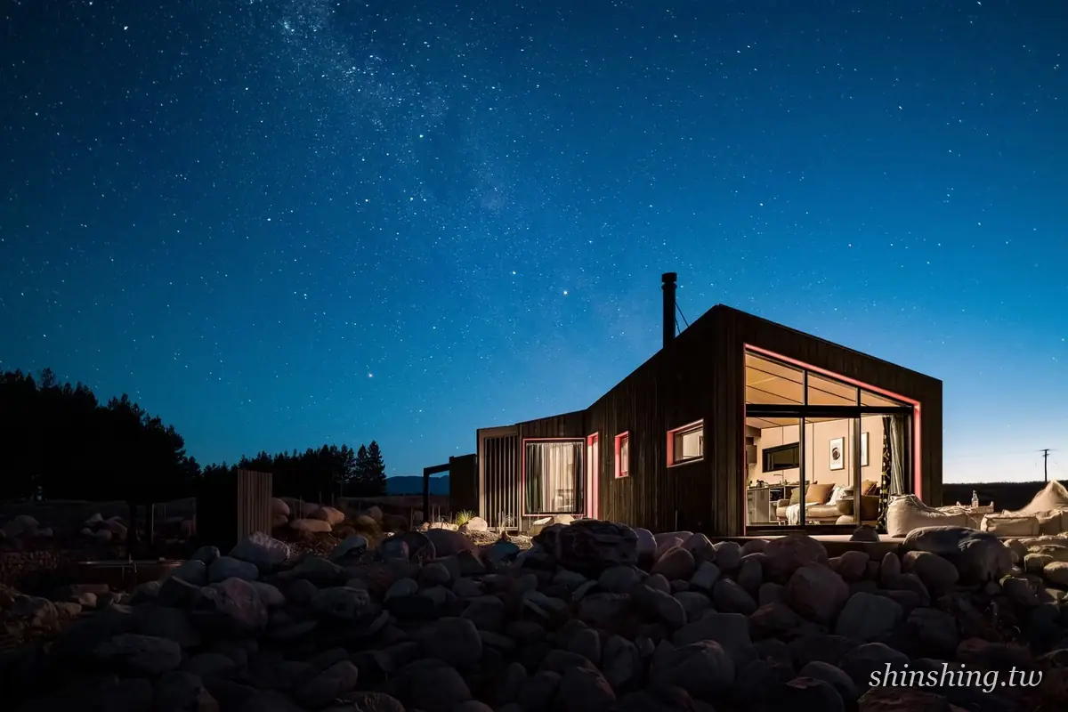 Skylark Cabin 的深色木造小屋在滿天星空下亮著暖黃燈光,前景是大片圓石