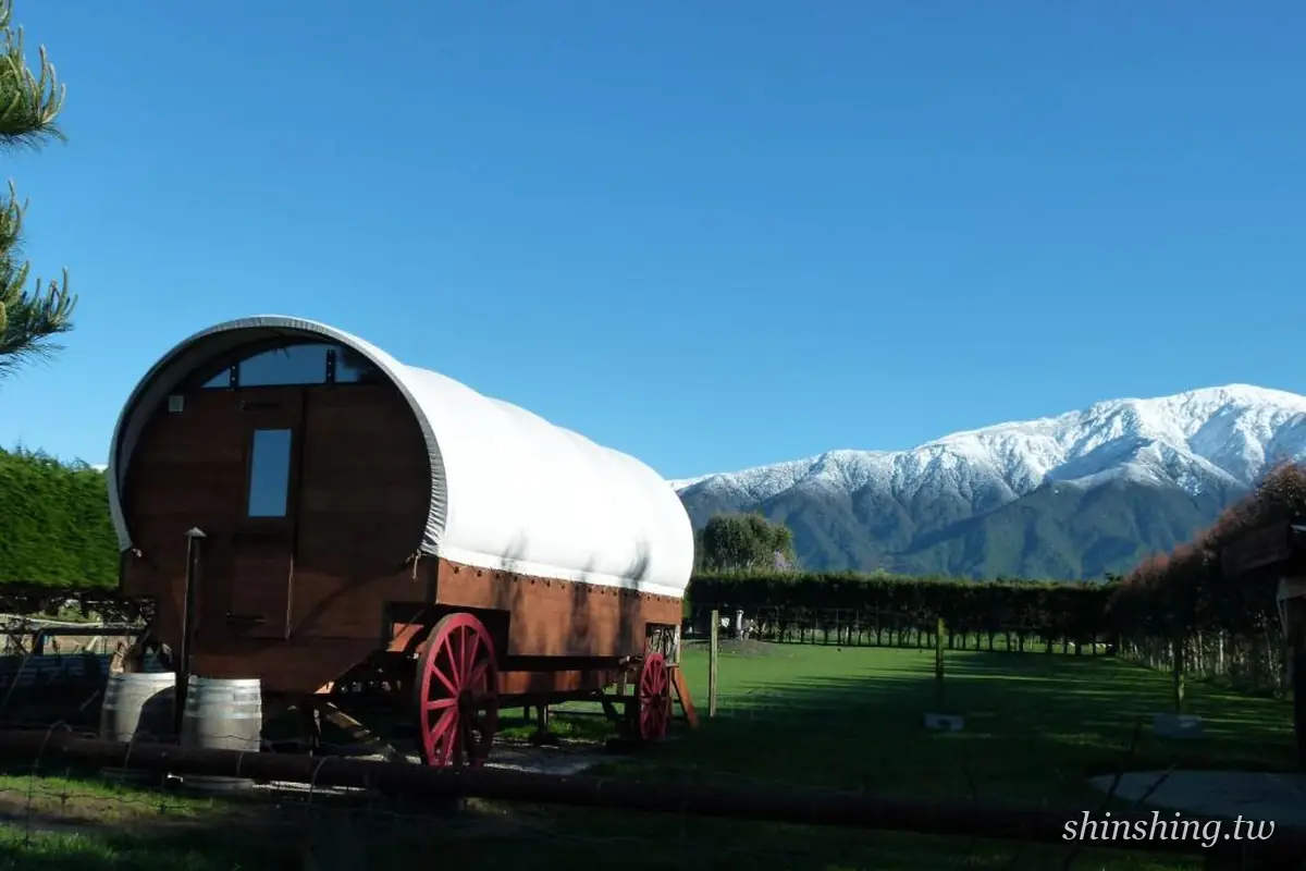 凱庫拉 Wacky Stays 的 Colonial Wagon:深棕色木造篷車搭白色帆布頂與紅色木輪,停在綠色草地上,背後是覆雪的凱庫拉山脈與湛藍天空