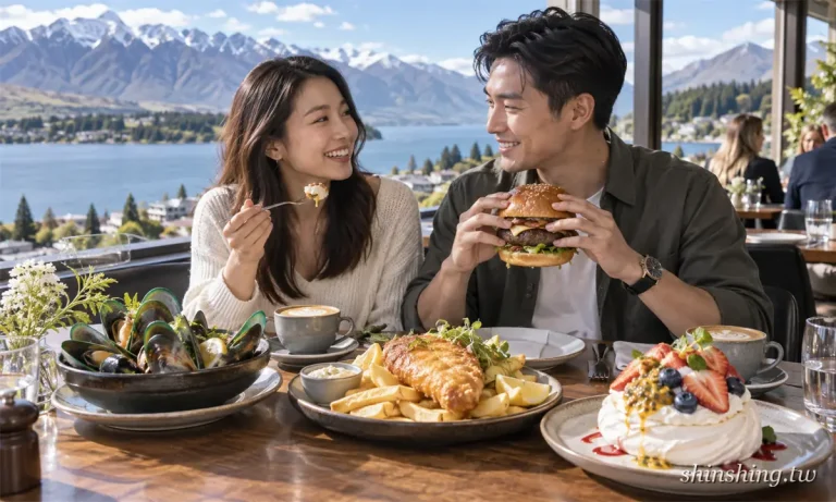 紐西蘭必吃美食精選圖：一對男女在湖景餐廳吃漢堡與 Pavlova，桌上有青口貝、炸魚薯條與肉派
