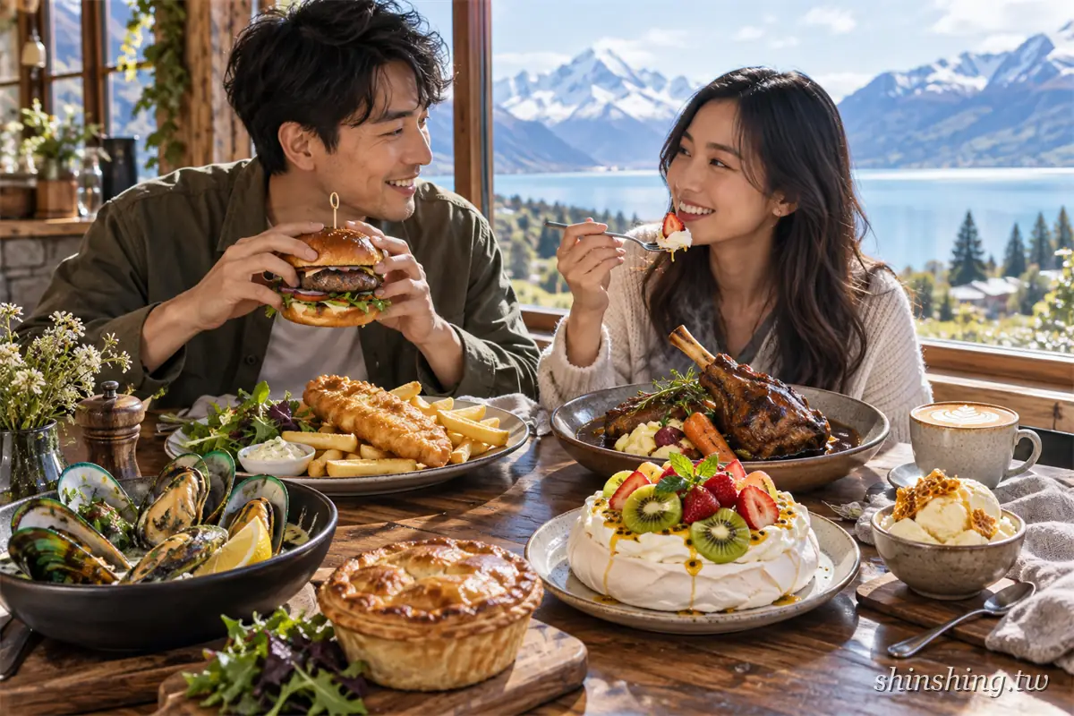 一對男女坐在湖景餐廳的木桌前，男生拿著漢堡、女生用叉子吃 Pavlova，桌上還有炸魚薯條、肉派與一碗青口貝，窗外是湖泊與雪山