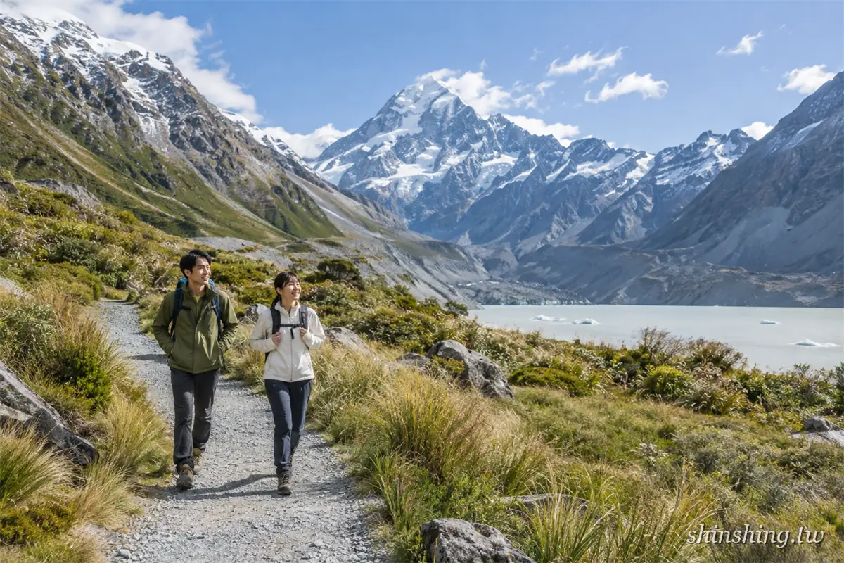 一對男女背著背包走在胡克谷步道的碎石路上,前方是庫克山主峰,右側是漂著浮冰的灰藍色冰河湖