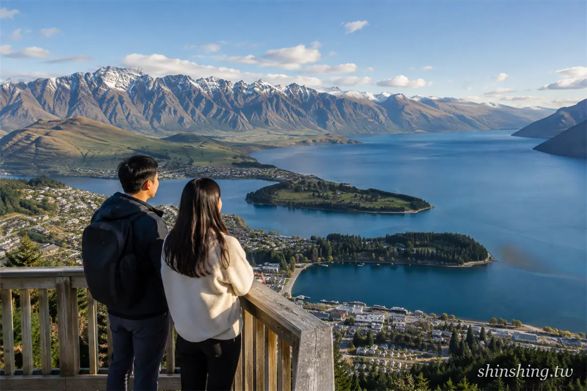 一對男女站在皇后鎮 Skyline 山頂觀景台的木欄杆前,俯瞰瓦卡蒂普湖、市區街道與對岸的卓越山脈