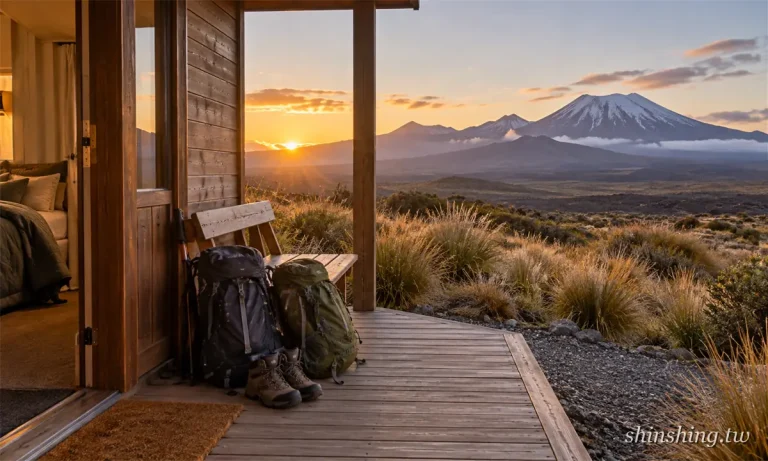Tongariro 住宿攻略首圖（社群分享用）：旅宿木造門廊上放著兩個登山背包與登山鞋，欄杆外是日出中的東加里羅火山群