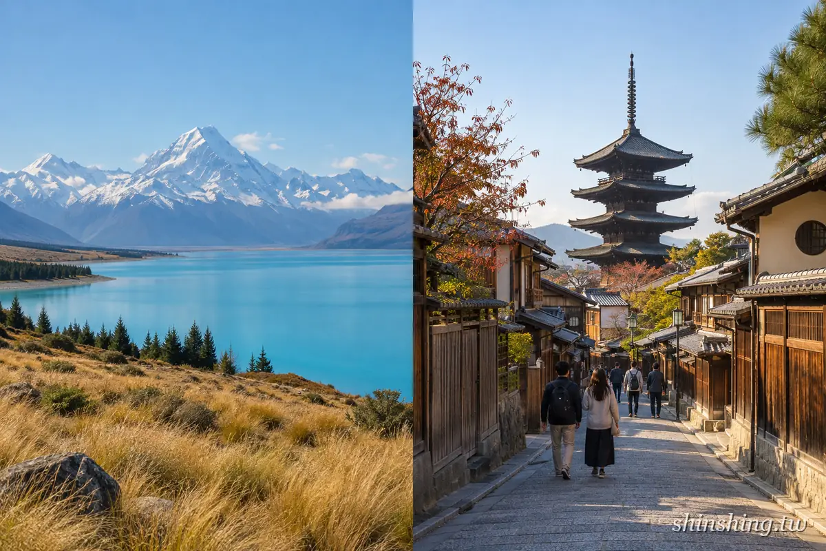 左側為紐西蘭普卡基湖與庫克山雪峰、右側為日本京都二年坂石板路與八坂之塔，紐西蘭與日本自由行風景對照