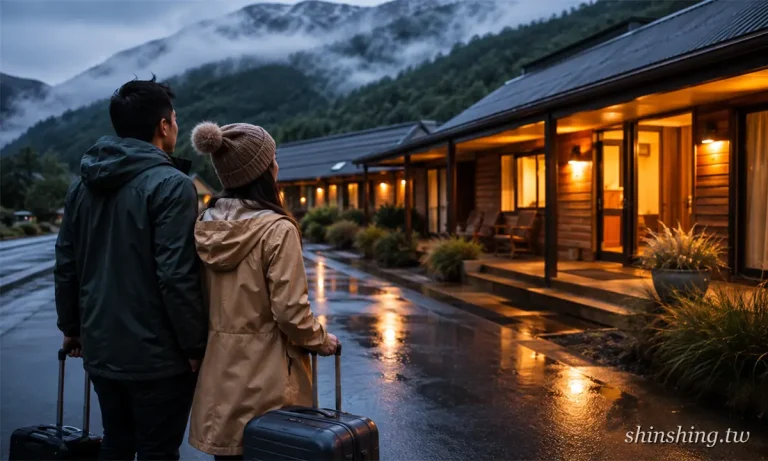 西海岸住宿：海邊 motel 與黑沙海灘，遠方是雲霧中的森林山