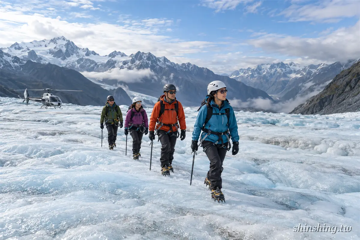四名戴安全帽、穿冰爪、拿登山杖的旅客走在白色冰河表面，左後方停著一架直升機，背景是南阿爾卑斯雪山與雲層