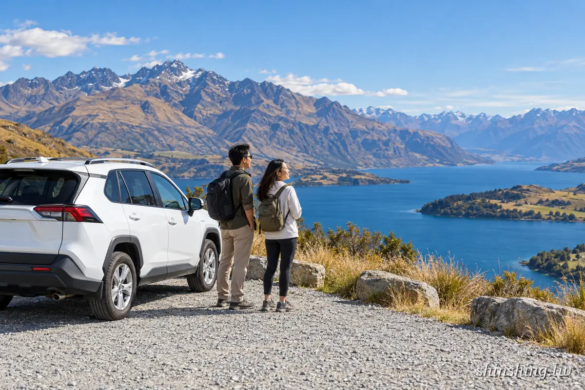紐西蘭自由行：一對背著背包的男女站在白色 RAV4 旁的碎石觀景點，俯瞰瓦卡蒂普湖與對岸的雪山群峰
